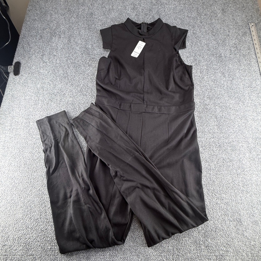 Bebe Claire Jumpsuit Black Mock Neck Lace Back Sleeveless Slim Fit XL NEW
